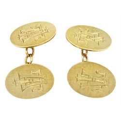 Pair of 9ct gold cufflinks with engraved 'TA' initials, Chester 1947