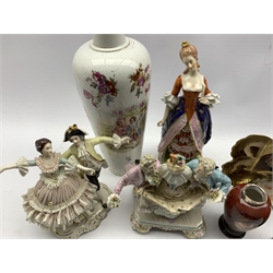 German porcelain group of three courtly figures H20cm, modern Dresden figure group, pair of small vases with silver collars, German porcelain figure of a lady and two other items (7)