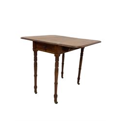 19th century mahogany Pembroke table of small proportions , the rectangular top over one frieze drawer and one faux drawer, raised on turned supports terminating in castors W70cm