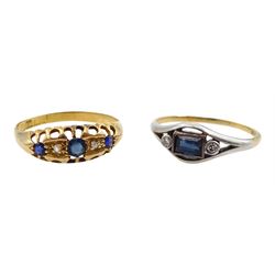 14ct gold and platinum sapphire and diamond ring, stamped 585 and an 18ct gold  five blue stone and diamond ring, hallmarked