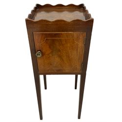 George III mahogany pot cupboard or bedside cabinet, square tapered form with waved gallery top, enclosed by single door with boxwood stringing and pressed brass handle, on square tapering supports