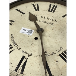 Late 19th century station clock, in circular ebonised case, white enamel dial with Roman chapter ring inscribed 'F. Sewill, Glasgow Chronometer maker to the Royal Navy' single fusse movement