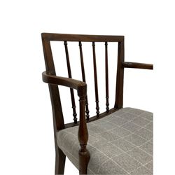 George III mahogany open elbow chair, turned spindle back supports, the seat upholstered in Harris Tweed chequered grey fabric, on square tapering supports