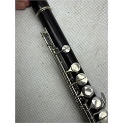Early 20th century rosewood flute by Rudall, Carte & Co Ltd, 23 Berners St, London, no. 7319, nickel plated keys, in original green velvet lined case, total length of flute 68cm
