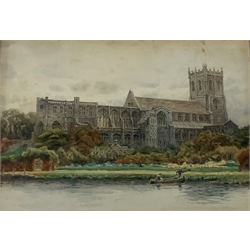 W Collins priory church with river in foreground, watercolour, signed, inscribed on the reverse, Christchurch Priory, 27cm x 36cm
