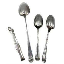 George III silver basting spoon London 1816 Maker William Bateman, pair of silver sugar tongs by Peter and Ann Bateman and a pair of 18th century silver table spoons (4)