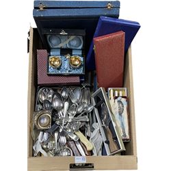 Quantity of silver-plated cutlery, pair of cased silver-plated salts, other cased cutlery sets etc in one box