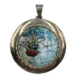 Modern silver pendant, of circular form with central enamel plaque depicting a coastal scene, within a rope twist border, hallmarked Jon Braganza, London 2018, D4.5cm