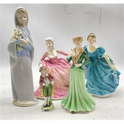 Royal Doulton figure Rhapsody HN2267, Lladro figure, Royal Worcester figure and two others