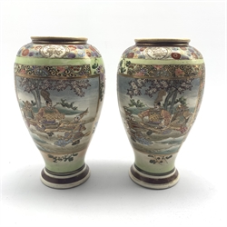  Pair of Japanese Satsuma vases decorated with scenes of warriors in landscapes, H28cm  