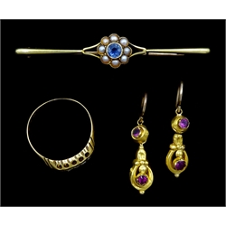 Edwardian sapphire and diamond bar brooch stamped 15c, pair of 18ct gold stone set pendant earrings and an 18ct gold five stone diamond ring hallmarked