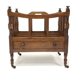 George III walnut Canterbury, with four divisions, ring turned supports and single frieze drawer, W49cm