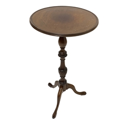20th century Georgian style mahogany tripod table, circular moulded top on turned, fluted and carved column, three out splayed supports, D45cm, H81cm