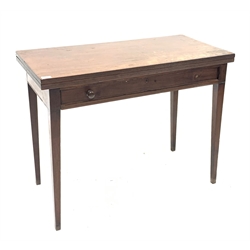  Georgian mahogany fold over tea table, the top with reeded edge over drawer, raised on square tapered supports, W99cm, H76cm, D47cm  