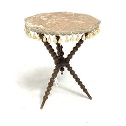 Victorian walnut gypsy table, the octagonal velvet lined pine top raised on bobbin turned supports (W51cm, H63cm) together with a Victorian walnut jardiniere stand with spiral turned supports (H101cm) and a small turned oak stand (H64cm)