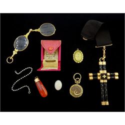 Victorian and later jewellery including child's platinum and seed pearl bracelet, gold agate pendant, gilt mounted onyx cross pendant, on gold mounted ribbon, loose opal stone, two gilt lockets and a pair of gilt pince-nez