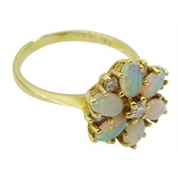 18ct gold round oval opal and round brilliant cut diamond cluster ring, London 1983