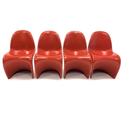 After Verner Panton - Set four moulded poly stacking chairs, finished in red, W49cm