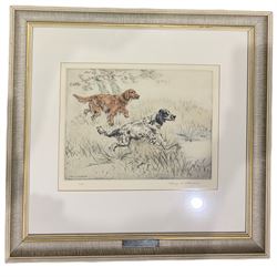After Henry Wilkinson (British 1921-2011): Setters Hunting, coloured etching signed in pencil and numbered 7/75, 22cm x 30cm