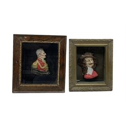 Two 19th/ early 20th century wax portraits depicting King Charles I and the Duke of Wellington, framed 33cm x 37cm max (2)