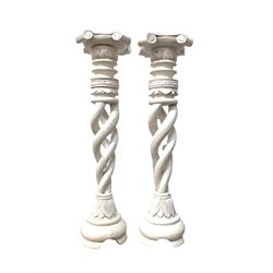 Pair of white painted jardinière stands, with spiral turned column and leaf carved base H109cm