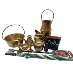 Pair of Hanimex 10 x 50 binoculars, copper kettle, pair brass candlesticks, bronze bowl, copper and brass 'churn', etc in one box