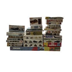 Twenty-eight plastic model kits including Airfix 'Multi-Role Combat Aircraft' 1/72 scale, Airfix 'German Half-Track Sd Kfz 250/3' 1/32 scale, Bandai 'Gun Motor Carriage M12' 1/48 scale etc, in two boxes,  completeness unknown