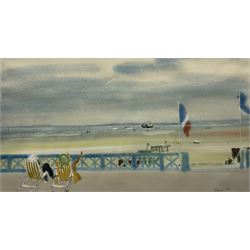 Patrick Hall (British 1906-1992): Figures Sunbathing on the Beach Promenade, watercolour signed 42cm x 75cm