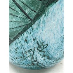 Art Deco Legras glass vase of cylindrical form with mottled tonal blue ground and turquoise stained cut geometric band, H22.5cm 