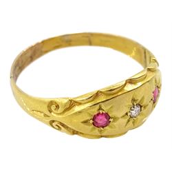 Early 20th century 18ct gold gypsy set three stone pink stone and diamond ring