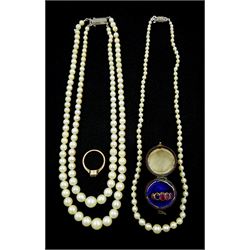 Gold single stone zircon ring, stamped 9ct, early 20th century 9ct gold stone set ring, Birmingham 1916 and two cultured pearl necklaces, both with silver clasps stamped