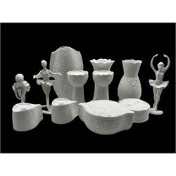 Group of Kaiser ceramics including three Ballerinas, two pairs of candlesticks, two lidded boxes and two vases, H24cm tallest