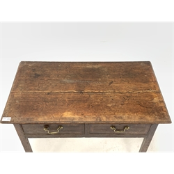 George III oak side table, mahogany crossbanded top and two drawers, raised on square chamfered supports 
