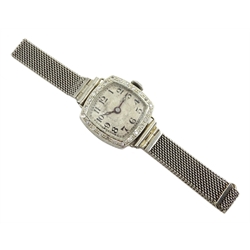 Swiss Art Deco 18ct white gold ladies cocktail watch, with diamond bezel, London 1929, on white gold mesh strap stamped 9ct  