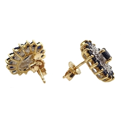 Pair of 9ct gold sapphire and diamond stud earrings and matching 9ct gold pendant, all hallmarked
