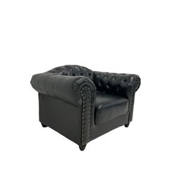 Chesterfield style club armchair, upholstered and buttoned in black with stud work