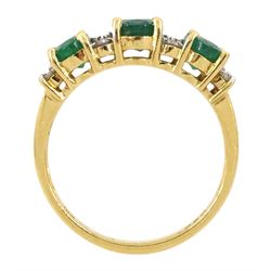 18ct gold three stone oval cut emerald and round brilliant cut diamond ring, hallmarked