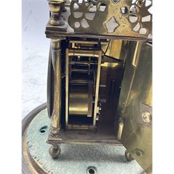 A small early 20th century replica of a 17th century Lantern clock with a French rack striking movement and platform lever escapement striking the hours and half hours on a bell, with a 3-1/2” engraved brass dial, Roman numerals, half-hour markers and inner quarter hour track, steel  Gothic hands, opening rear and side doors, wound and set from the rear, with an associated base and glass dome.
H230cm W90cm  D90cm

