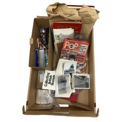 Quantity of ephemeral items, including stamps, magazines, photographs of motorcycle racing, agricultural photos etc and various commemorative spoons, in one box
