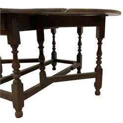 18th century oak drop-leaf oval dining table, fitted with single drawer, raised on turned gate-leg supports