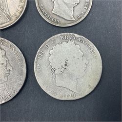 Two George III crown coins dated 1819 and 1820, William IIII  1836 halfcrown and Queen Victoria 1887 double florin