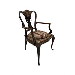 Edwardian mahogany chair with inlayed cresting rail and pierced splat over upholstered seat, raised on cabriole supports  