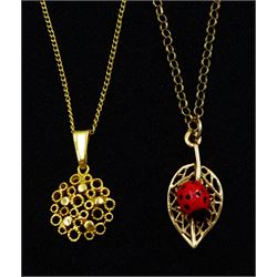 Gold ladybird on a leaf pendant necklace and a gold circular pendant necklace, both 9ct