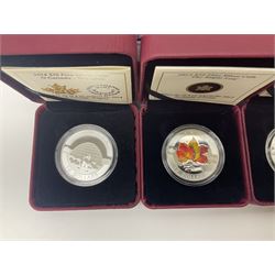 Sixteen Royal Canadian Mint fine silver ten dollar coins, dating from either 2013 or 2014, all cased 