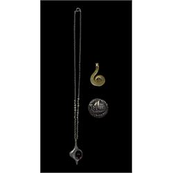 Jorgen Jensen pewter and garnet pendant necklace, a silver Norwegian longship brooch and a gilt scroll pendant, stamped 925