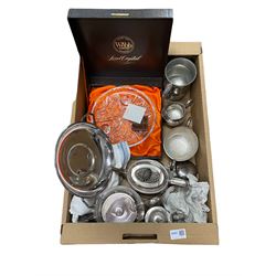 Webb Crystal dish in presentation box, silver-plated part tea sets, pewter tankard etc in one box