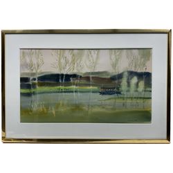 Patrick Hall (British 1906-1992): Houseboat on the River 'Oise' - France, watercolour signed 42cm x 75cm