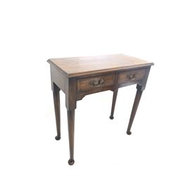 George II style mahogany side table, fitted with two drawers over shaped apron, raised on turned supports with pad feet W71cm, H71cm, D34cm
