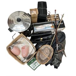 Stainless steel fish poacher, hot water dispenser, leather jackets, pair of photo albums, table linen, wicker basket, pair of deco style wall lights, shooting stick, etc 