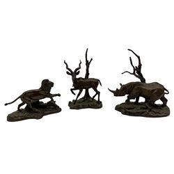 Three Franklin Mint bronze figures modelled as a Kudu, Lion and Black Rhinoceros, all signed 'Pollani' and dated 1975 max H13cm 